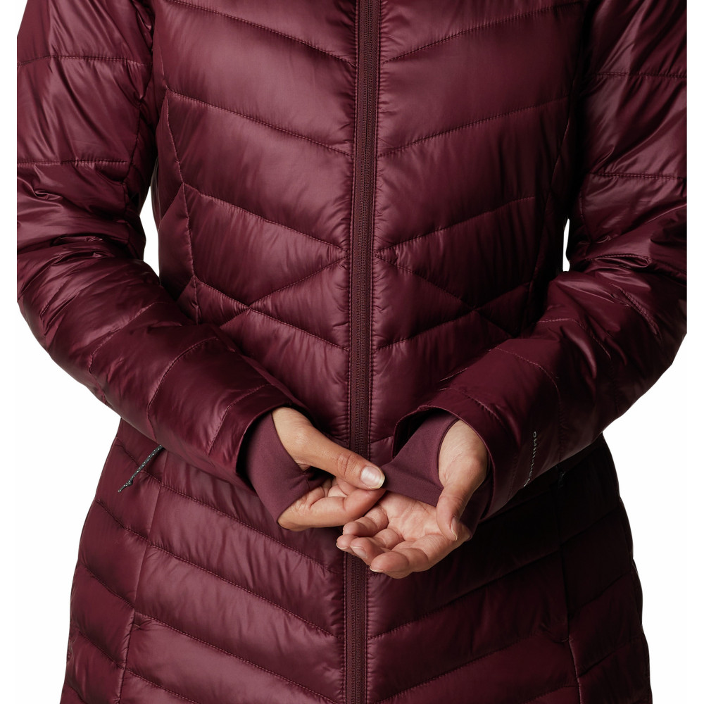 Пуховики 2024. Куртка утепленная женская Joy Peak Mid Jacket. Columbia Joy Peak Mid Jacket.. Бордовая куртка. Бордовая куртка с капюшоном.